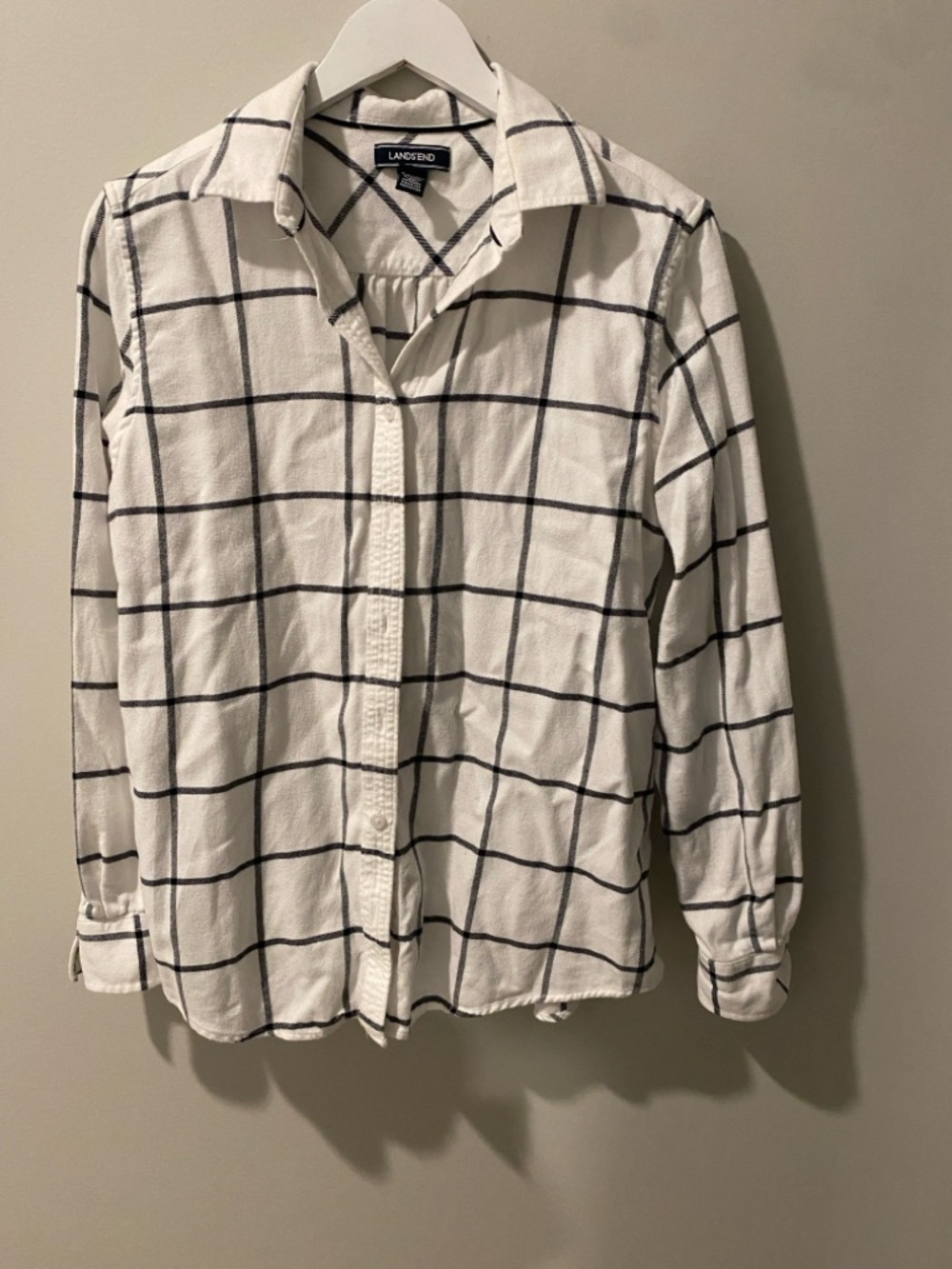 Lands' End White & Black Windowpane Button-Up Shirt Size 10